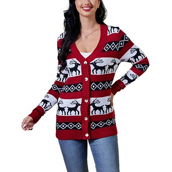 Women's V Neck Long Sleeve Christmas Cardigan Button Sweater