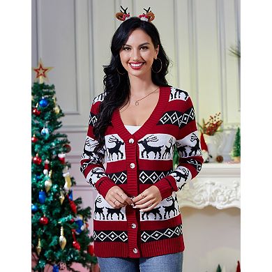 Women's V Neck Long Sleeve Christmas Cardigan Button Sweater