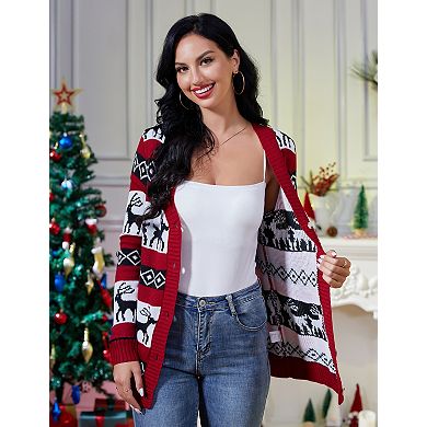 Women's V Neck Long Sleeve Christmas Cardigan Button Sweater