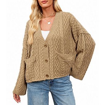 Women's V Neck Long Sleeve Button Cardigan Loose With Pockets