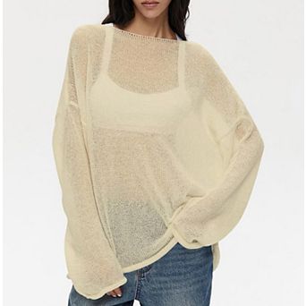 Women's Loose Crew Neck Long Sleeve Mesh Sheer Pullover Sweater
