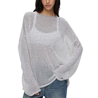 Women's Loose Crew Neck Long Sleeve Mesh Sheer Pullover Sweater
