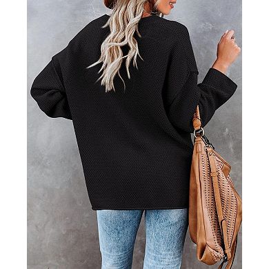 Women's V Neck Button Placket Long Sleeve Loose Knit Pullover Sweater