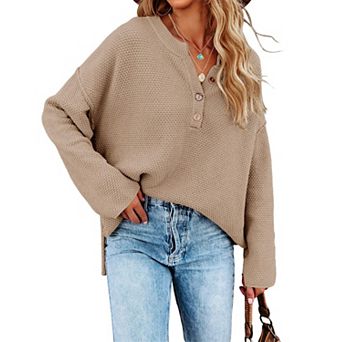 Women's V Neck Button Placket Long Sleeve Loose Knit Pullover Sweater