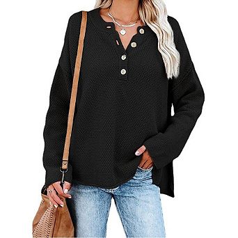 Women's V Neck Button Placket Long Sleeve Loose Knit Pullover Sweater