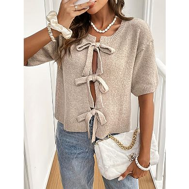 Women's Tie Front Crew Neck Short Sleeve Knit Cardigan Open Front