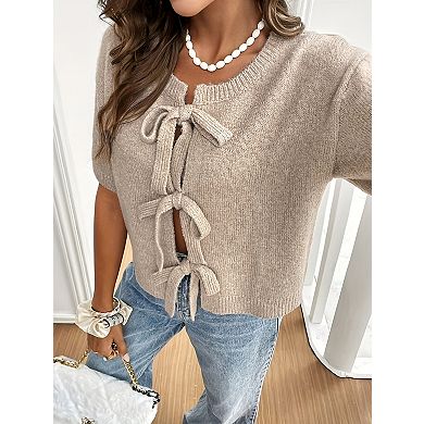 Women's Tie Front Crew Neck Short Sleeve Knit Cardigan Open Front