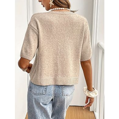 Women's Tie Front Crew Neck Short Sleeve Knit Cardigan Open Front