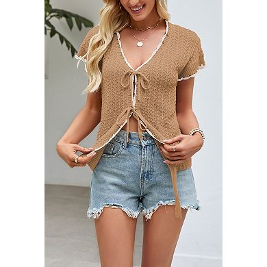 Women's V Neck Short Sleeve Hollow Out Tie Front Knit Cardigan