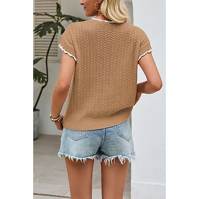 Women's V Neck Short Sleeve Hollow Out Tie Front Knit Cardigan