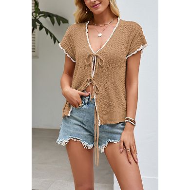 Women's V Neck Short Sleeve Hollow Out Tie Front Knit Cardigan