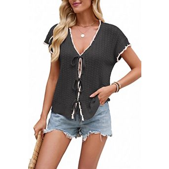 Women's V Neck Short Sleeve Hollow Out Tie Front Knit Cardigan
