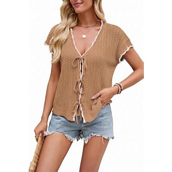 Women's V Neck Short Sleeve Hollow Out Tie Front Knit Cardigan