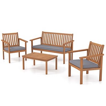 Costway 4 pc Patio Wood Furniture Set with Loveseat, 2 Chairs & Coffee Table for Porch