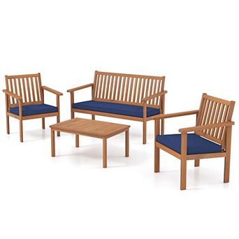 Costway 4 pc Patio Wood Furniture Set with Loveseat, 2 Chairs & Coffee Table for Porch