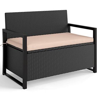 Costway Patio Storage Bench Wicker Loveseat with Built-in Storage & Long Seat Cushion