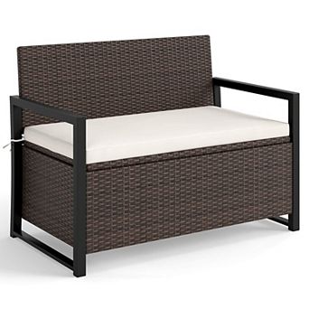 Costway Patio Storage Bench Wicker Loveseat with Built-in Storage & Long Seat Cushion