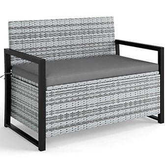 Costway Patio Storage Bench Wicker Loveseat with Built-in Storage & Long Seat Cushion