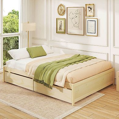 Costway Wooden Bed Frame with 2 Rolling Storage Drawers Wood Slat Support