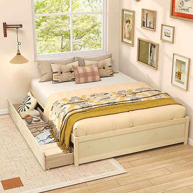 Costway Wooden Bed Frame with 2 Rolling Storage Drawers Wood Slat Support