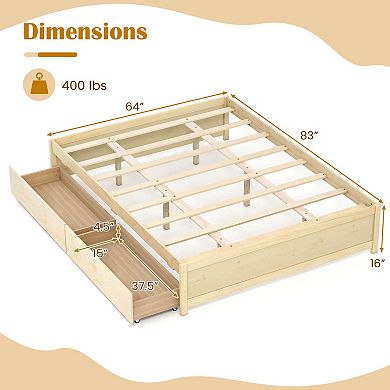 Costway Wooden Bed Frame with 2 Rolling Storage Drawers Wood Slat Support