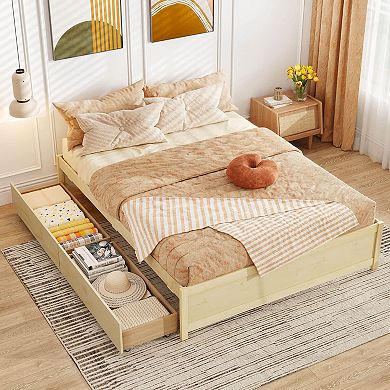 Costway Wooden Bed Frame with 2 Rolling Storage Drawers Wood Slat Support