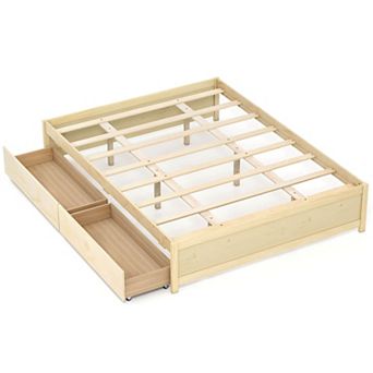 Costway Wooden Bed Frame with 2 Rolling Storage Drawers Wood Slat Support