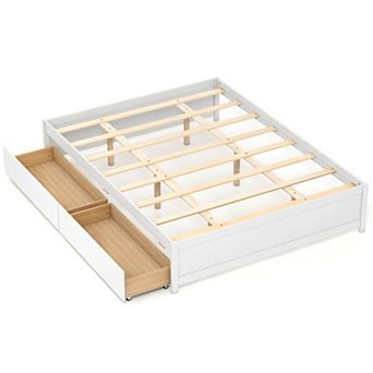 Costway Wooden Bed Frame with 2 Rolling Storage Drawers Wood Slat Support