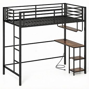 Costway Twin Loft Bed with Desk, LED Lights, Charging Station, Guardrail, Ladder, Shelves