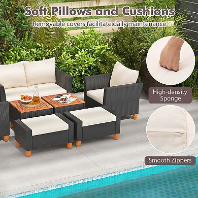 Costway 7 PCS Patio Furniture Set with Loveseat Armchairs Ottomans & Storage Table