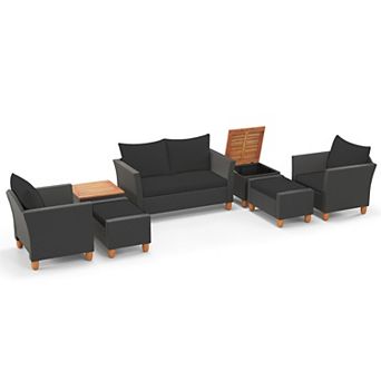Costway 7 pc Patio Furniture Set with Loveseat Armchairs Ottomans & Storage Table