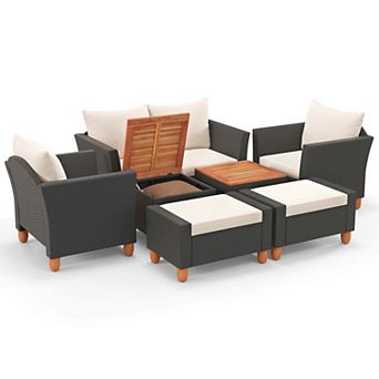 Costway 7 pc Patio Furniture Set with Loveseat Armchairs Ottomans & Storage Table
