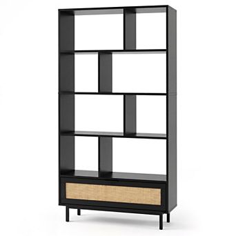 Costway Wooden Bookcase,6 tier Bookshelf with 8 Open Cubes, Rattan Drawer & Metal Legs