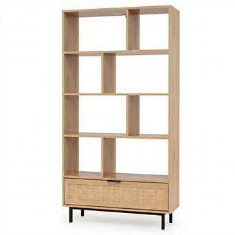 Costway Wooden Bookcase,6 tier Bookshelf with 8 Open Cubes, Rattan Drawer & Metal Legs