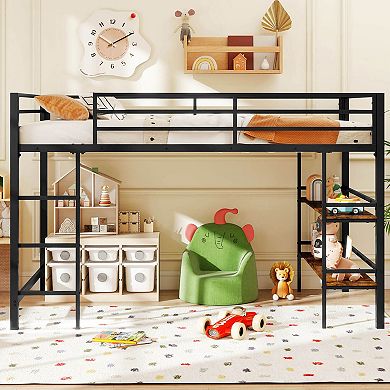 Costway Twin Size Low Loft Bed with Storage Shelves Ladder Full-length Guardrails