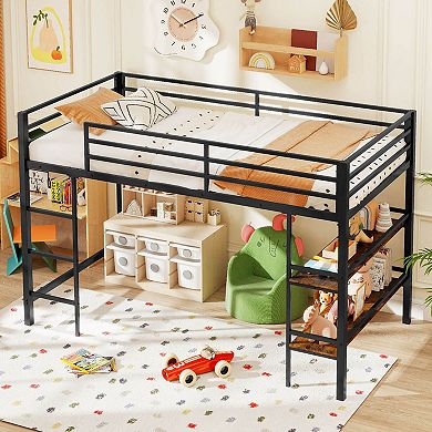 Costway Twin Size Low Loft Bed with Storage Shelves Ladder Full-length Guardrails