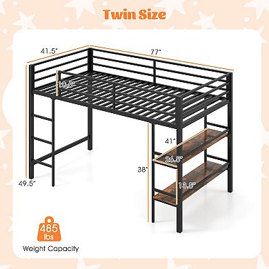 Costway Twin Size Low Loft Bed with Storage Shelves Ladder Full-length Guardrails