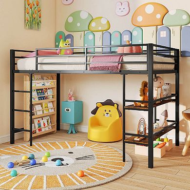 Costway Twin Size Low Loft Bed with Storage Shelves Ladder Full-length Guardrails