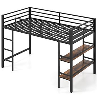 Costway Twin Size Low Loft Bed with Storage Shelves Ladder Full-length Guardrails
