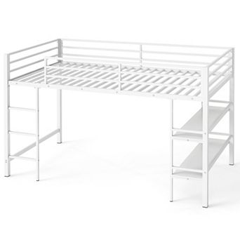 Costway Twin Size Low Loft Bed with Storage Shelves Ladder Full-length Guardrails
