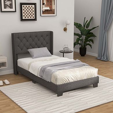 Costway Upholstered Platform Bed Tufted Headboard Mattress Foundation