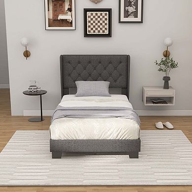 Costway Upholstered Platform Bed Tufted Headboard Mattress Foundation