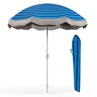 Costway 6.5 FT Outdoor Fringe Patio Umbrella with Carrying Bag Push Button Tilt for Garden