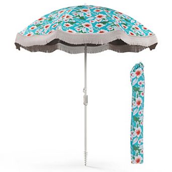 Costway 6.5 FT Outdoor Fringe Patio Umbrella with Carrying Bag Push Button Tilt for Garden