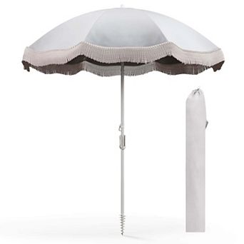 Costway 6.5 FT Outdoor Fringe Patio Umbrella with Carrying Bag Push Button Tilt for Garden