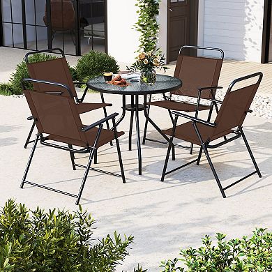 Costway 6 PCS Patio Dining Set Folding Chairs Glass Table Umbrella Garden