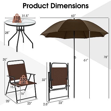 Costway 6 PCS Patio Dining Set Folding Chairs Glass Table Umbrella Garden