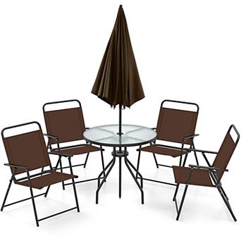 Costway 6 pc Patio Dining Set Folding Chairs Glass Table Umbrella Garden