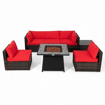 Costway 7 pc Patio Furniture Set with 35" Propane Gas Fire Pit Table & Waterproof Cover