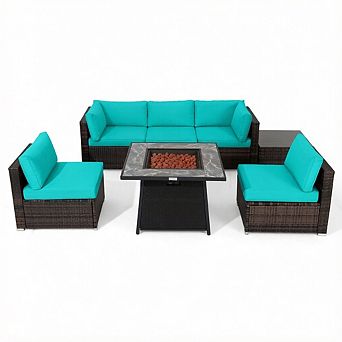 Costway 7 pc Patio Furniture Set with 35" Propane Gas Fire Pit Table & Waterproof Cover